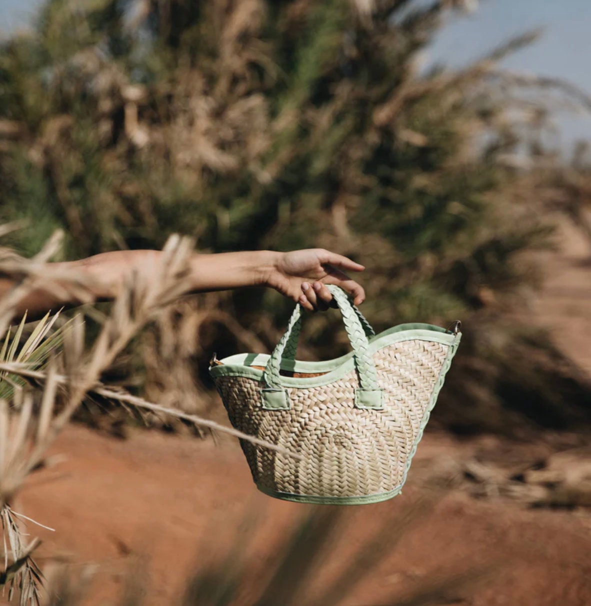 La Vague handwoven basket bag trimmed with 100% leather