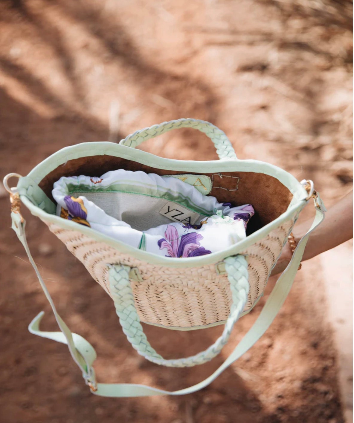 La Vague handwoven basket bag trimmed with 100% leather