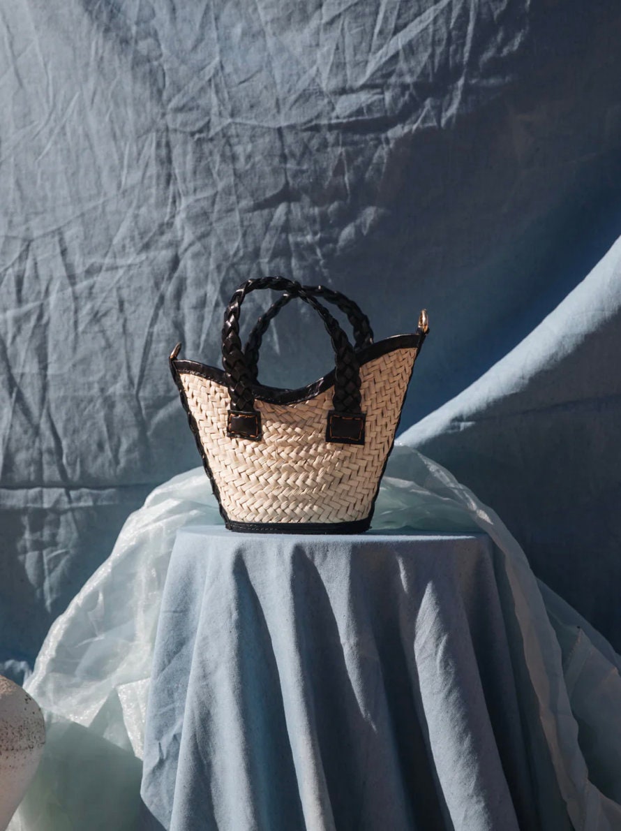 La Vague handwoven basket bag trimmed with 100% leather