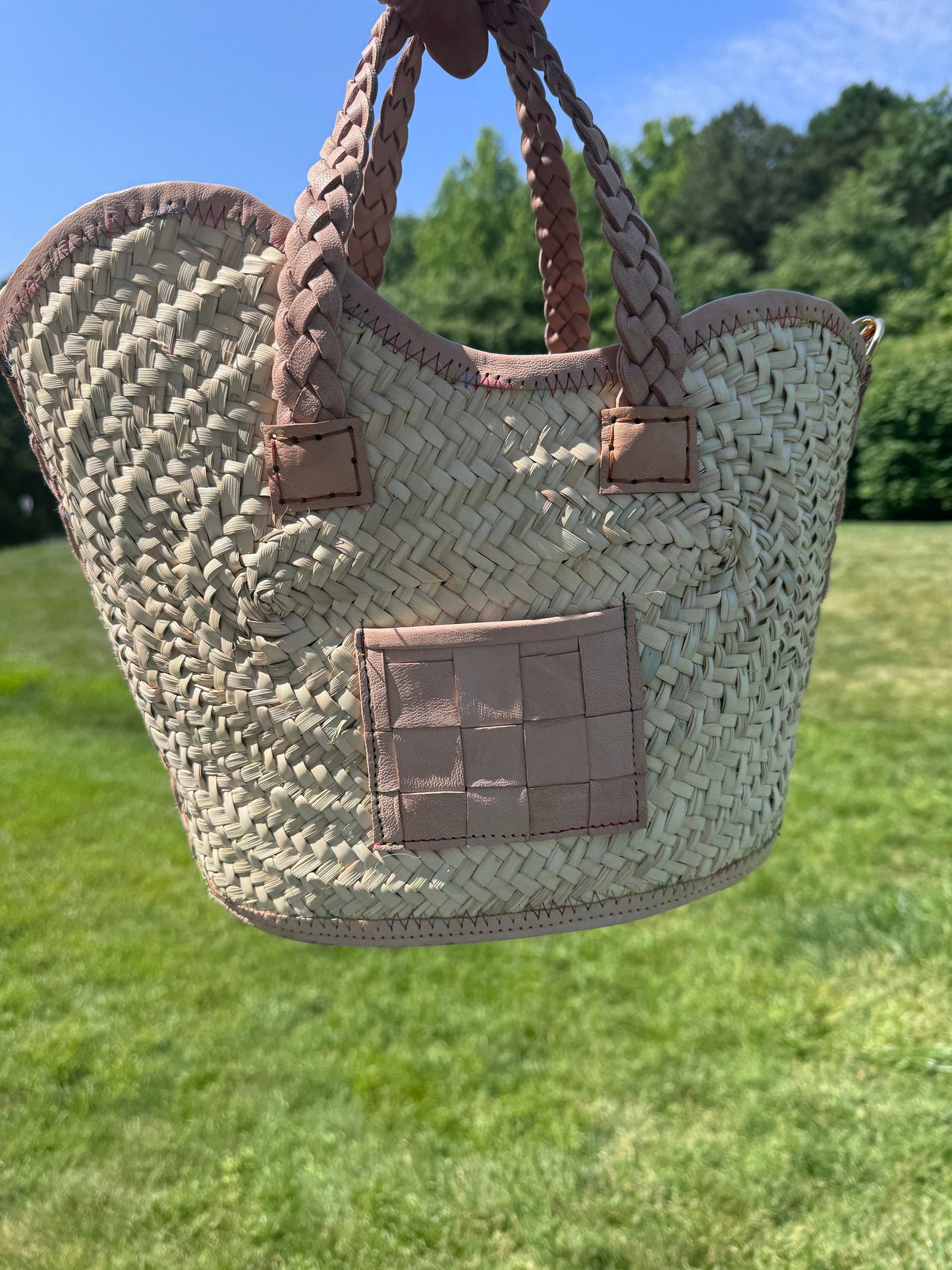 La Vague handwoven basket bag trimmed with 100% leather