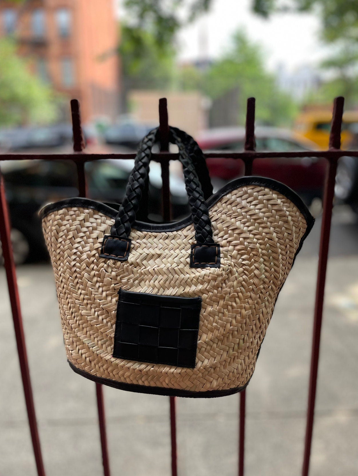 La Vague handwoven basket bag trimmed with 100% leather