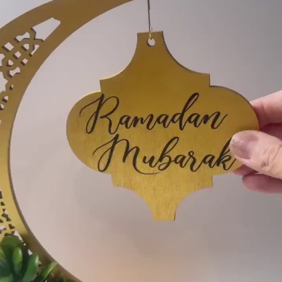 Reversible Ramadan Kareem/Eid Mubarak crescent moon wood decor, painted in gold finish. Ramadan Eid Decoration, Ramadan table decor