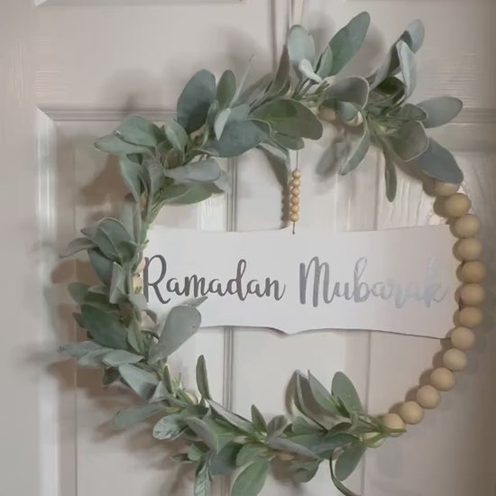 PRE ORDERS ONLY Reversible Ramadan Kareem/ Eid Mubarak wood bead & faux floral wreath perfect for Spring time!