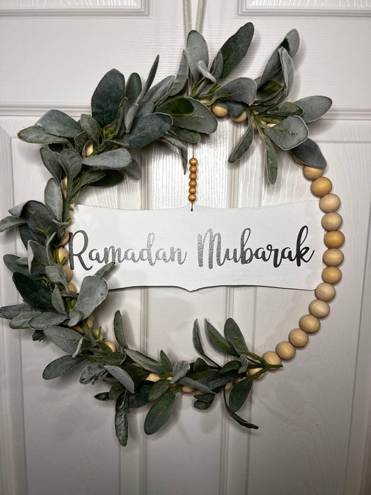 Floral wood bead Ramadan wreath, Reversible Ramadan wreath, Ramadan/Eid reversible wreath