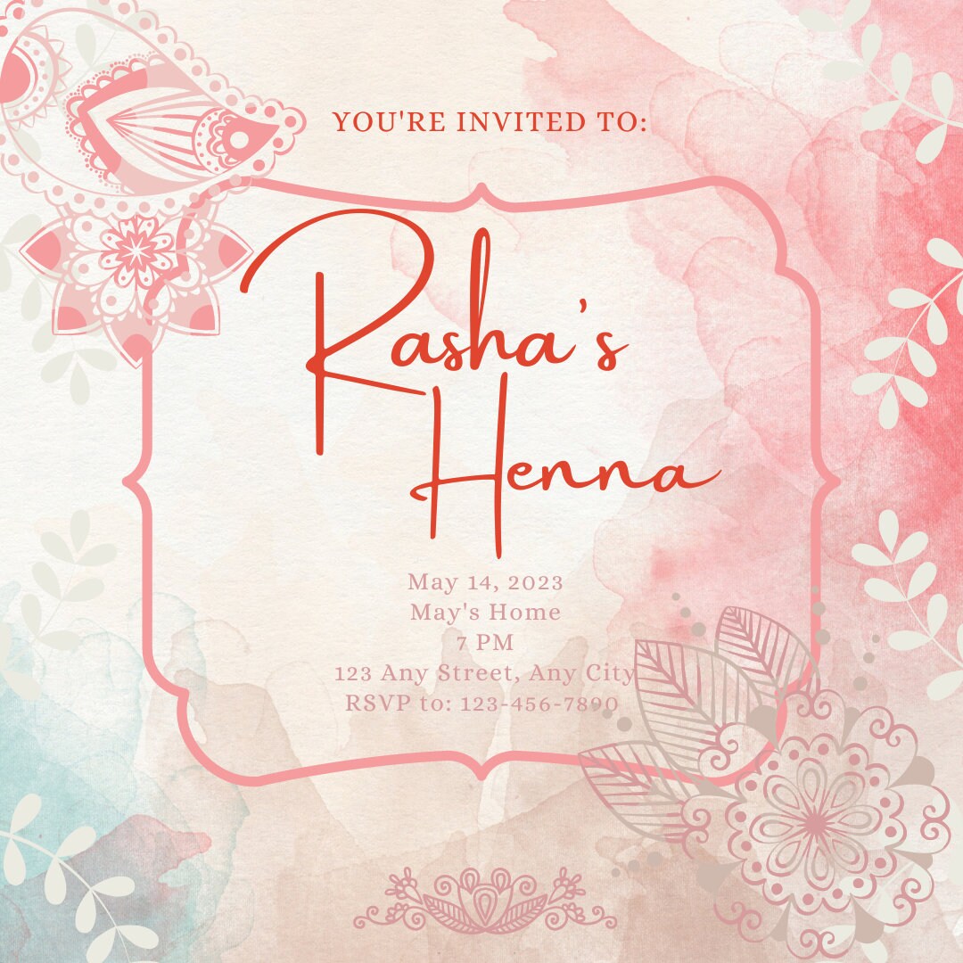 Henna digital invitation, henna digital download, henna party invitation,