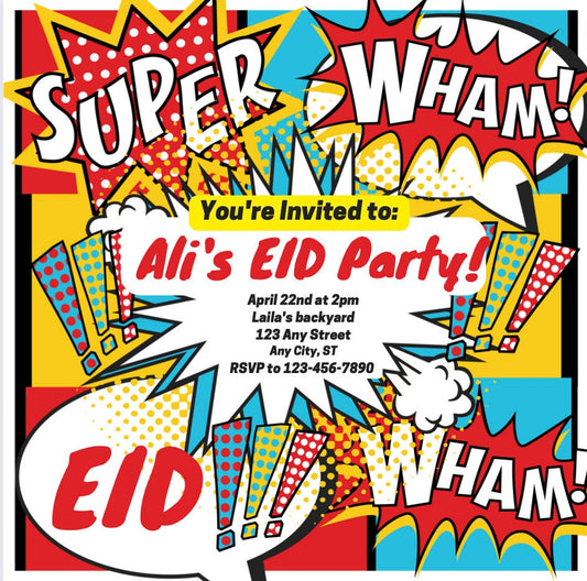 Superhero Eid Invitation Digital template, Eid instant download, editable Canva template, Ramadan iftar, Eid party invite