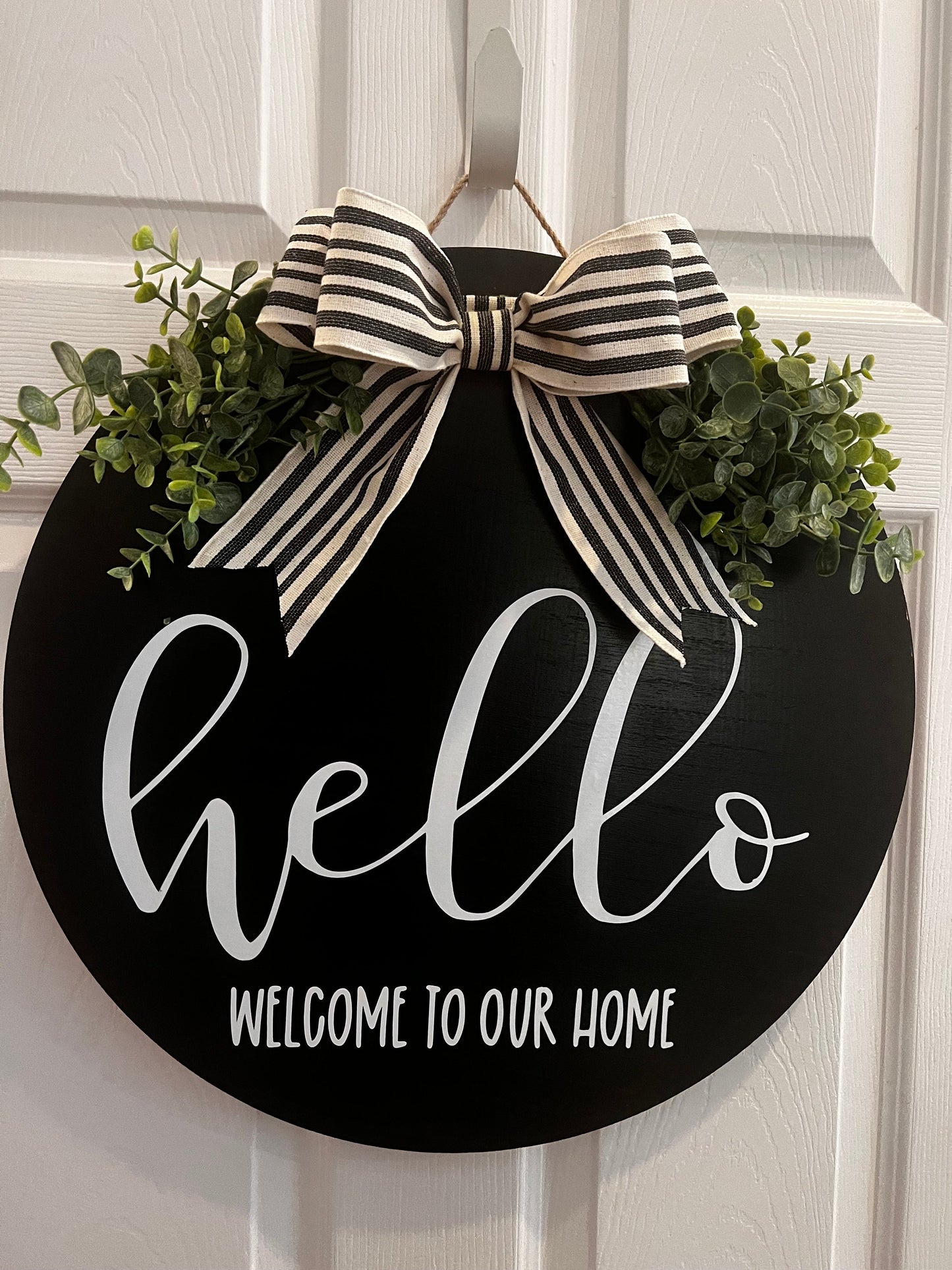 hello modern wreath. hello welcome to our home, housewarming gift, new home gift, black and white wreath