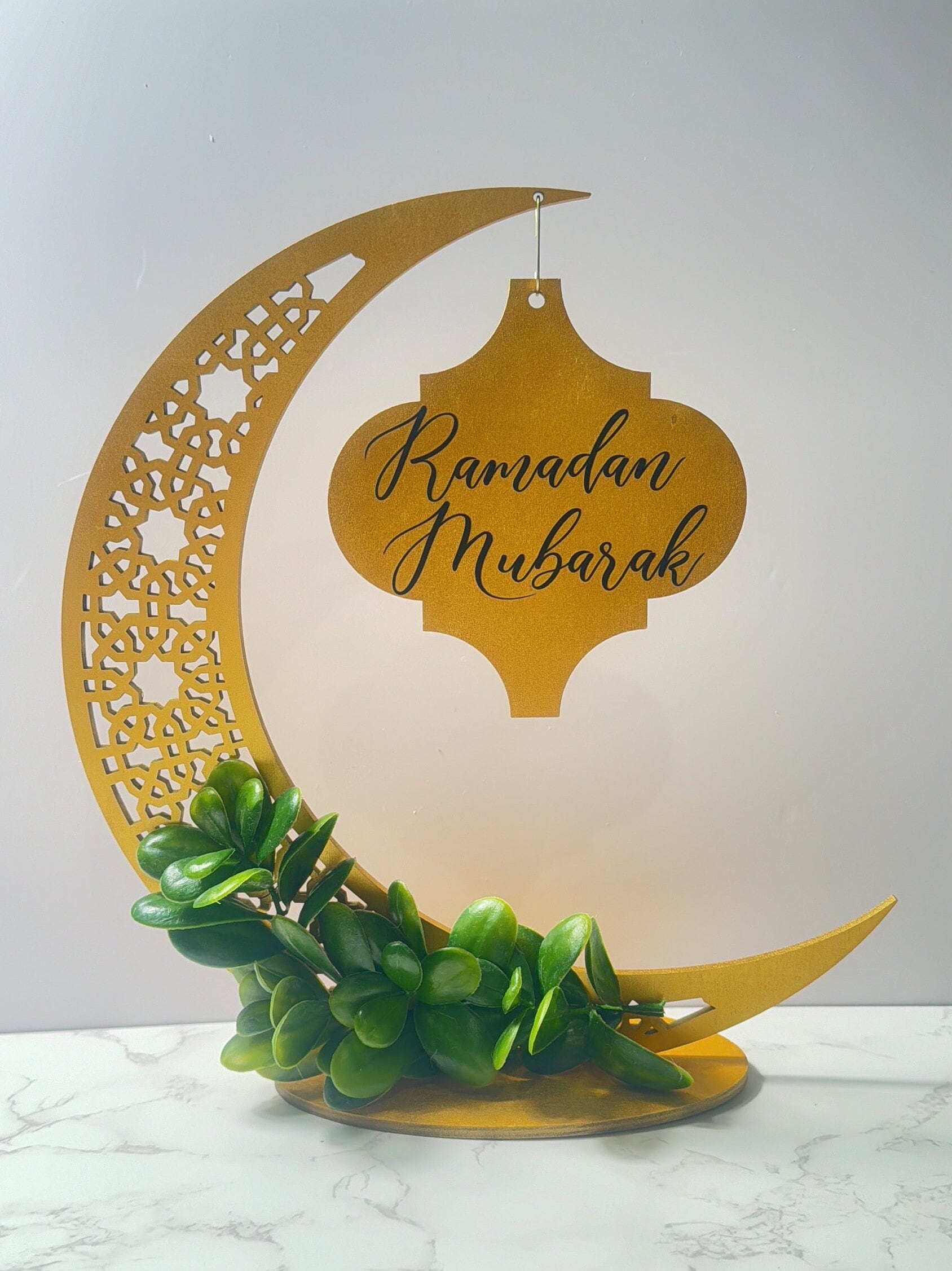 Reversible Ramadan Kareem/Eid Mubarak crescent moon wood decor, painted in gold finish. Ramadan Eid Decoration, Ramadan table decor