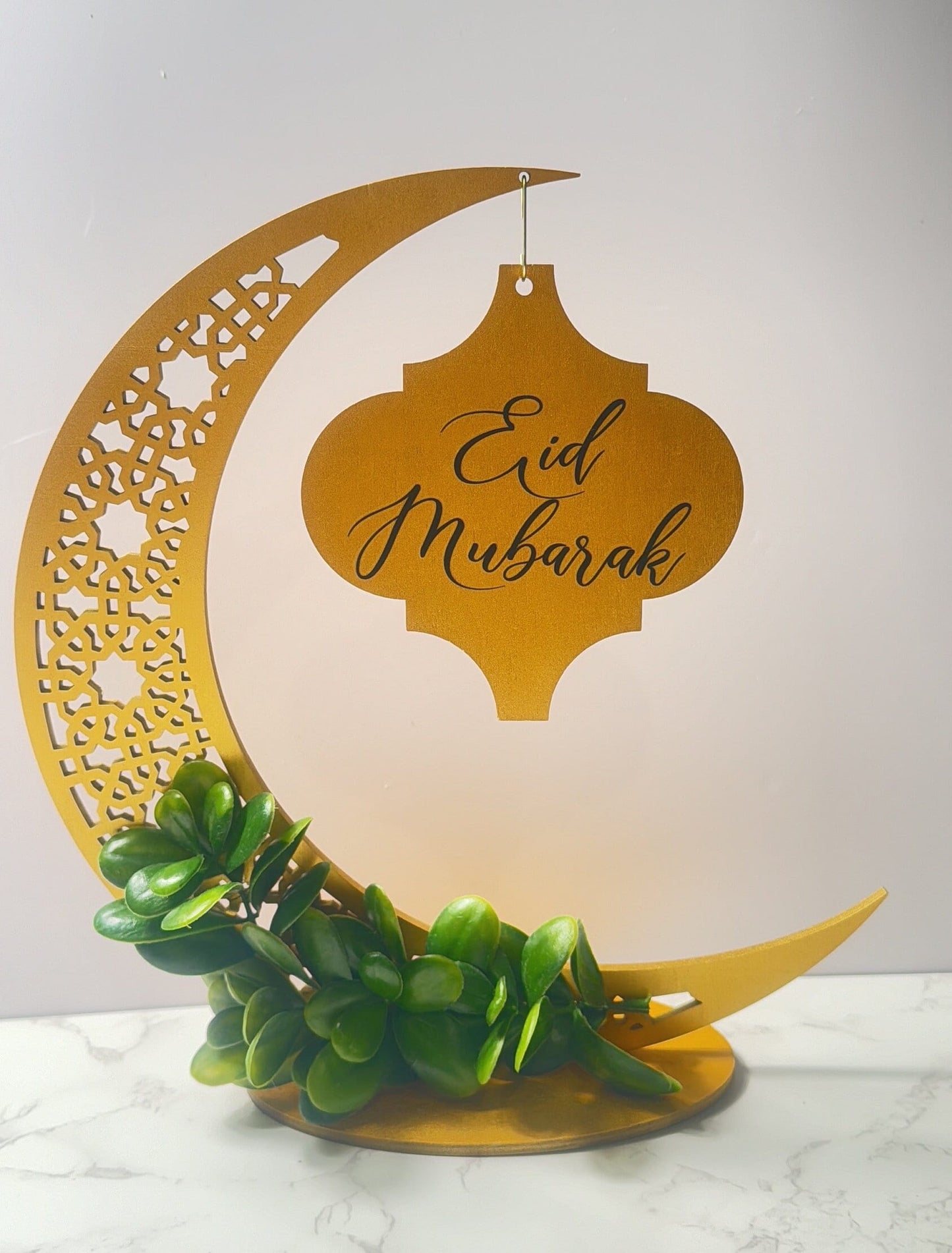 Reversible Ramadan Kareem/Eid Mubarak crescent moon wood decor, painted in gold finish. Ramadan Eid Decoration, Ramadan table decor